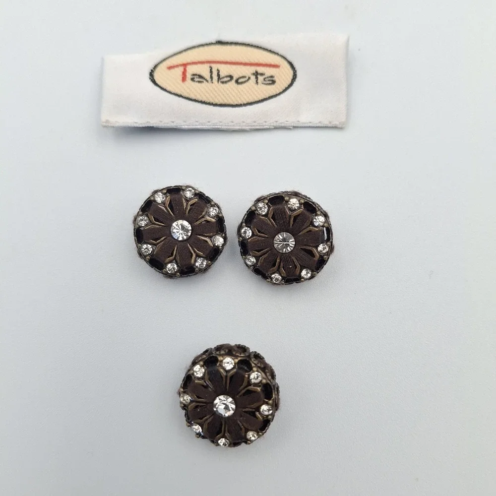 Talbots Brown Clear Rhinestones Plastic Metal Round Shank Buttons Lot‎ of 3
